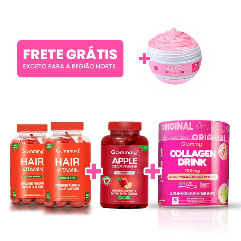 2 Gummy Hair + 1 Apple Cider Vinegar + 1 Collagen Drink Maça Verde + 1 Hair Mask