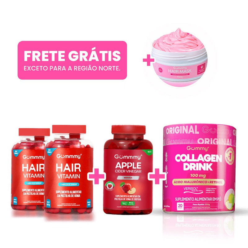 2 Gummy Hair + 1 Apple Cider Vinegar + 1 Collagen Drink Maça Verde + 1 Hair Mask