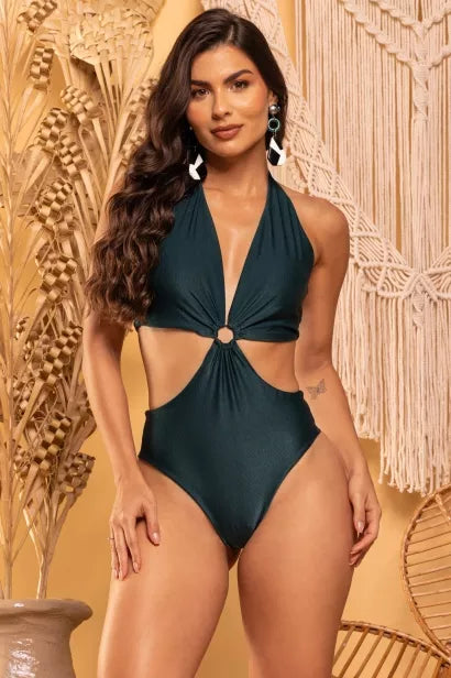 Maiô Frente Única Verde com Tanga Fio Duplo Liso e Argola Banhada a Ouro