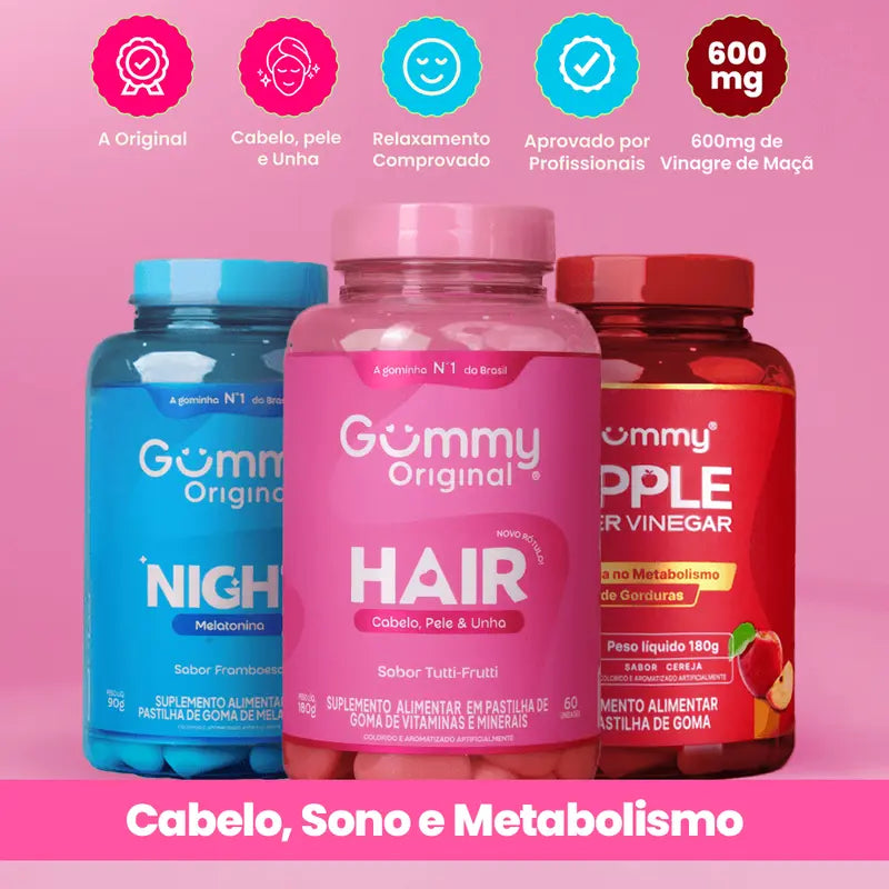 Kit 3 Gummy Original Night + Apple Cider Vinegar + Hair, A Tríade do Bem-Estar Completo: Noites de Descanso, Dias de Equilíbrio e Beleza que Floresce.